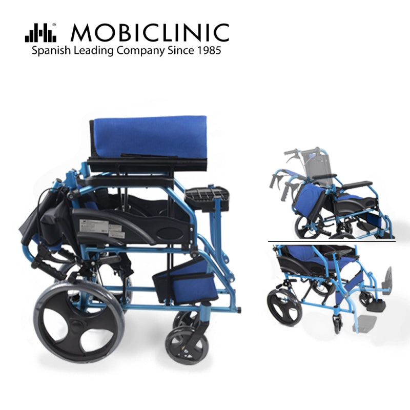 Cadeira de rodas dobrável de alumínio e freios de alça azul